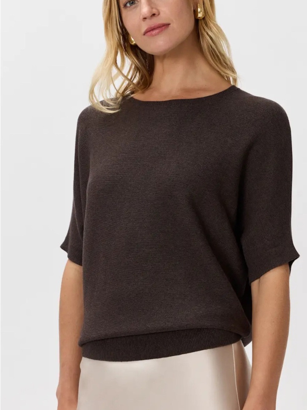 Quince Short-Sleeve Crewneck Sweater in Dark Brown